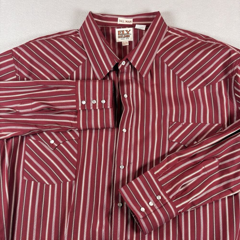 Ely Cattleman Men's 4XL Tall Burgundy Striped Pearl Snap Western Shirt